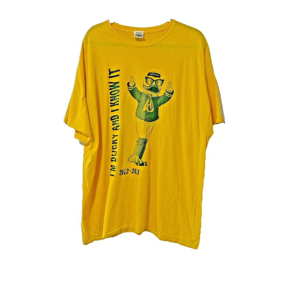 T-Shirt Oregon Ducks 2XL Yellow Gildan Heavy Cotton 2012-2013 Mascot Graphic VTG